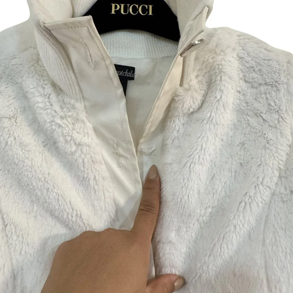 Y2K Dérotchild Faux Fur Bomber Jacket Ivory White Puff Sleeve Ribbed Hem Small - Picture 5 of 9
